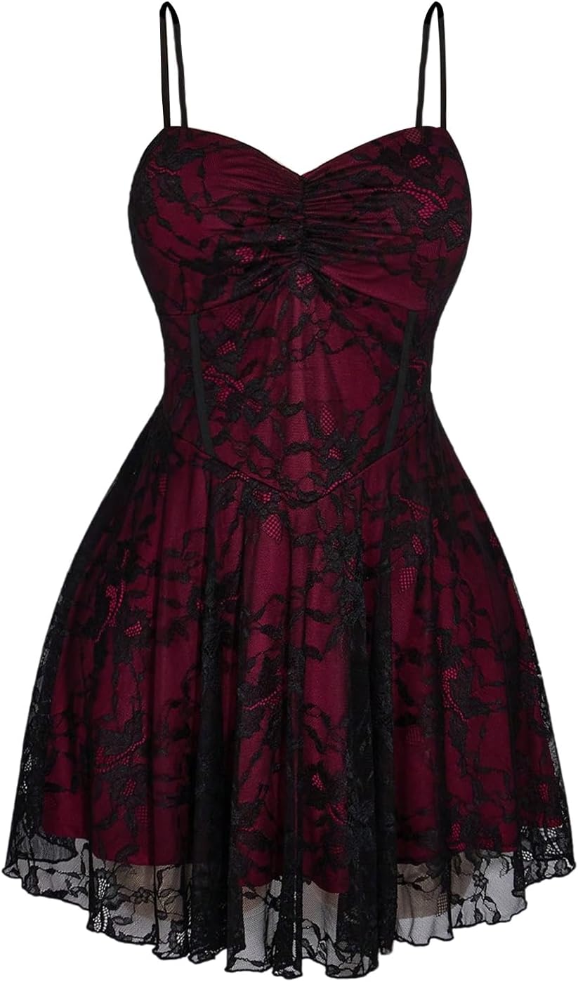 BEAUDRM Women's Plus Size Lace Gothic Dress Goth Grunge Mini Dress Ruffle Short Sundresses