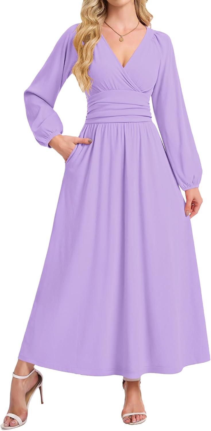 AUSELILY Womens Long Sleeve Maxi Dresses Fall Winter Wrap Formal Dress | Thick Heavy Smocked Empire Waist V-Neck Wrap Wedding Guest Christmas Cocktail Church Funeral Vacation dress with Pockets