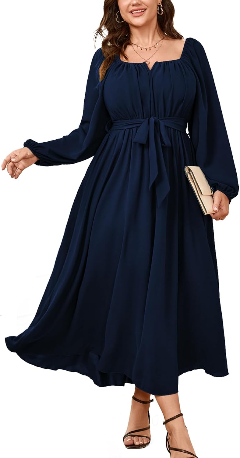SCOMCHIC Women Plus Size Maxi Dress Long Sleeve Square Neck Flowy Dresses | Wedding Guest Cocktail Dress Elegant A Line Long Dresses Formal Evening Party Belted Fall Dress