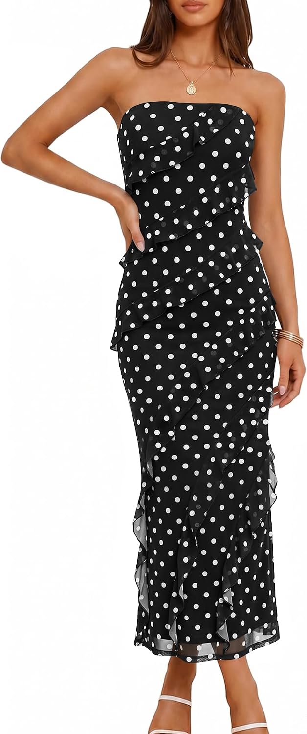 Muchpow Womens Strapless Polka Dot Ruffle Mesh Maxi Wedding Guest Dress | Lined Off Shoulder Back Slit Bodycon Dress, Stretchy Cocktail Party Rehearsal Dinner Going Out Vacation Long Dresses