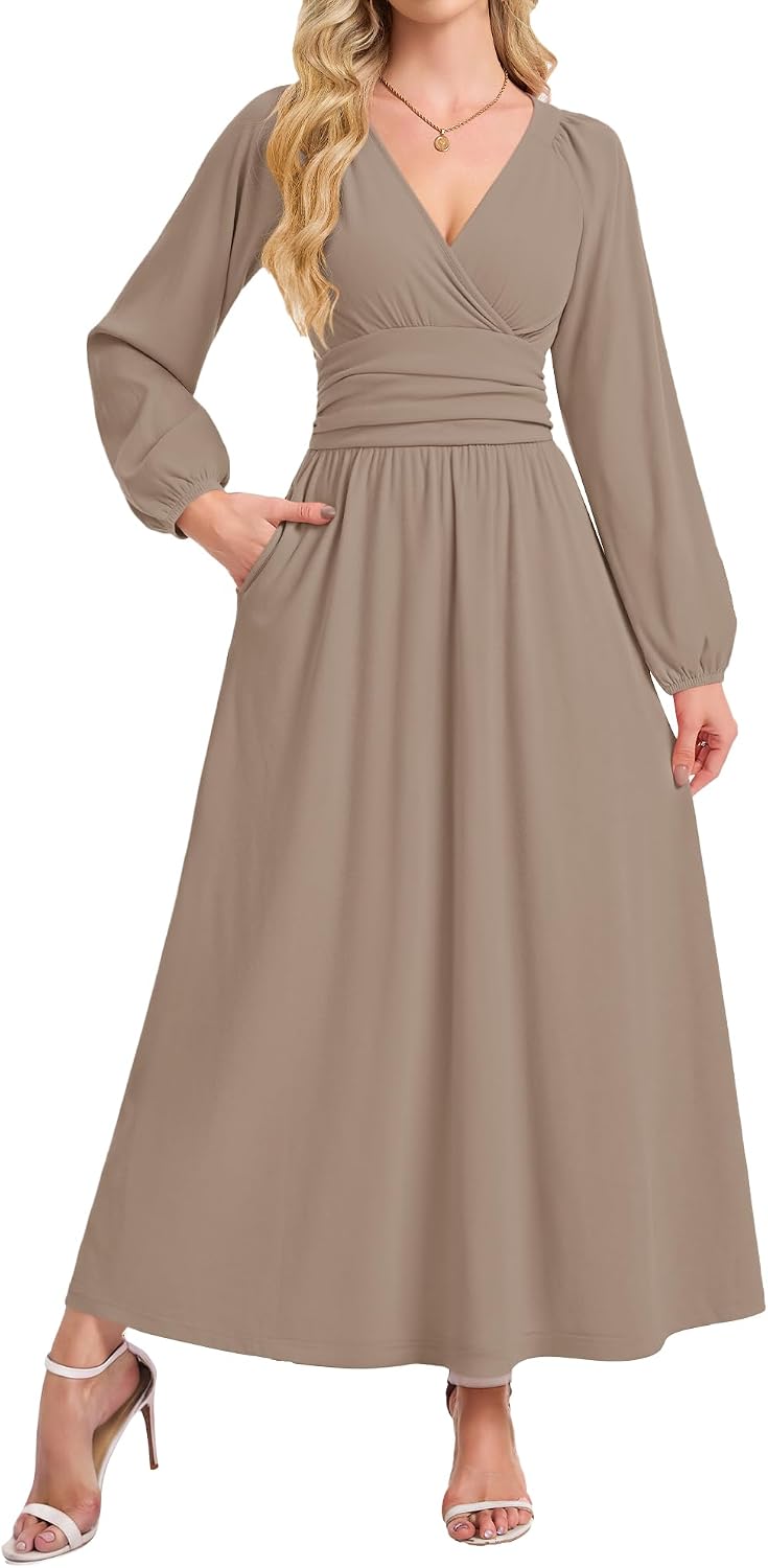 AUSELILY Womens Long Sleeve Maxi Dresses Fall Winter Wrap Formal Dress | Thick Heavy Smocked Empire Waist V-Neck Wrap Wedding Guest Christmas Cocktail Church Funeral Vacation dress with Pockets