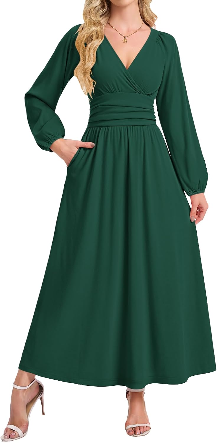 AUSELILY Womens Long Sleeve Maxi Dresses Fall Winter Wrap Formal Dress | Thick Heavy Smocked Empire Waist V-Neck Wrap Wedding Guest Christmas Cocktail Church Funeral Vacation dress with Pockets