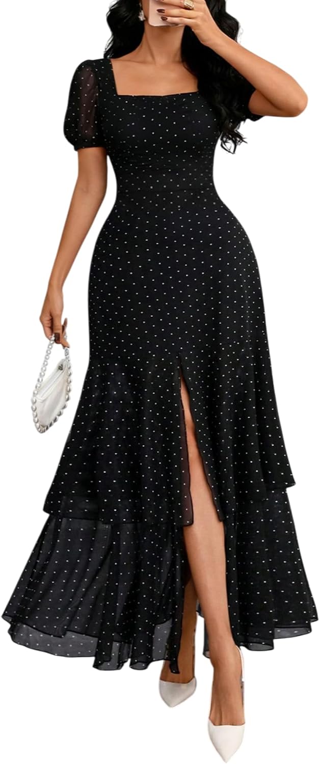 GothDark Polka Dot Dress for Women 2026 Square Neck High Slit Casual Dress | Stretch Fabric, Polka Dot, Square Neck, Short Puff Sleeve, High Slit, Ruffled Hem, Party, Wedding Guest, Casual Dress