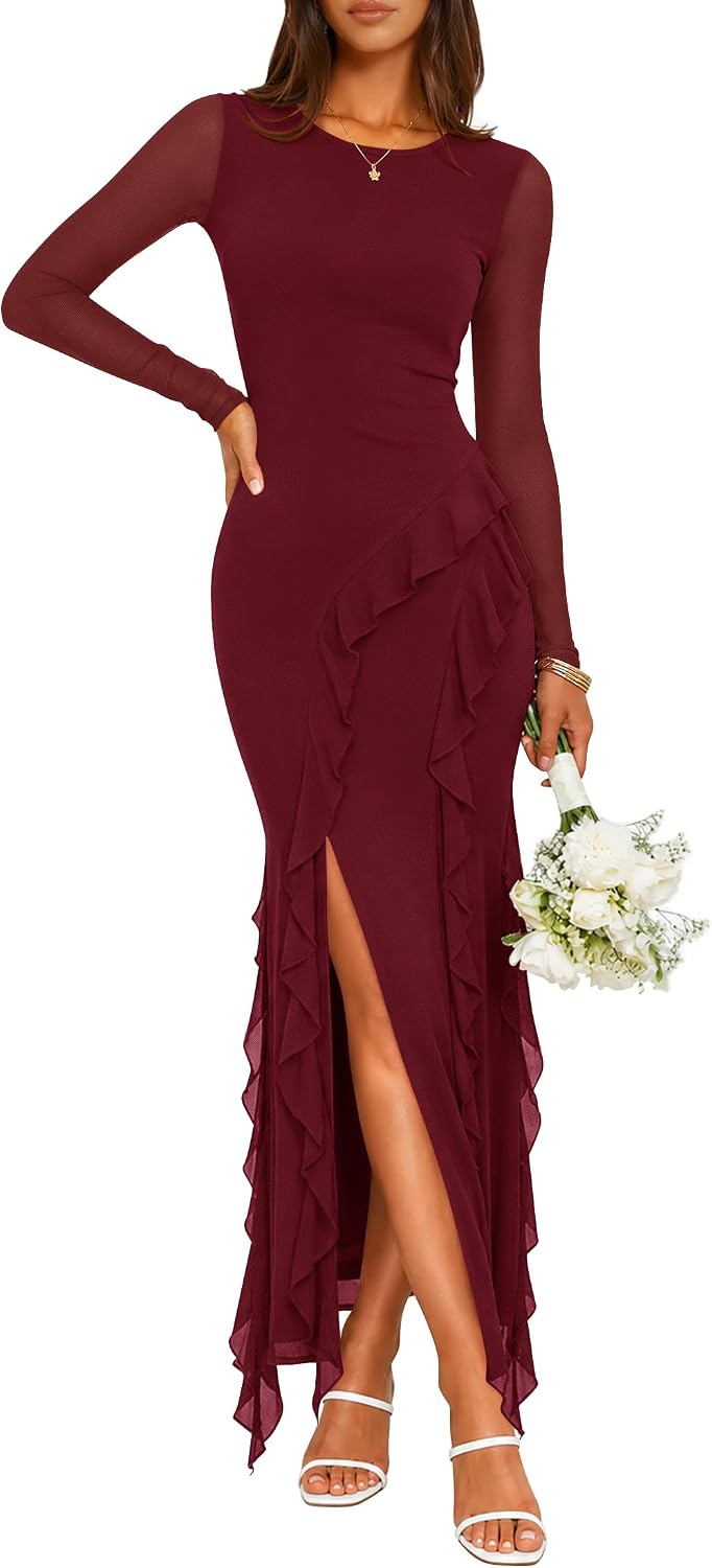 ZESICA Womens Fall Long Sleeve Mesh Bodycon Wedding Guest Maxi Dresses | Asymmetric Ruffle Hem, Side Slit, Sheer Mesh Sleeve, Formal Cocktail Party Dress, Date Night Outfit, Elegant Evening Dress