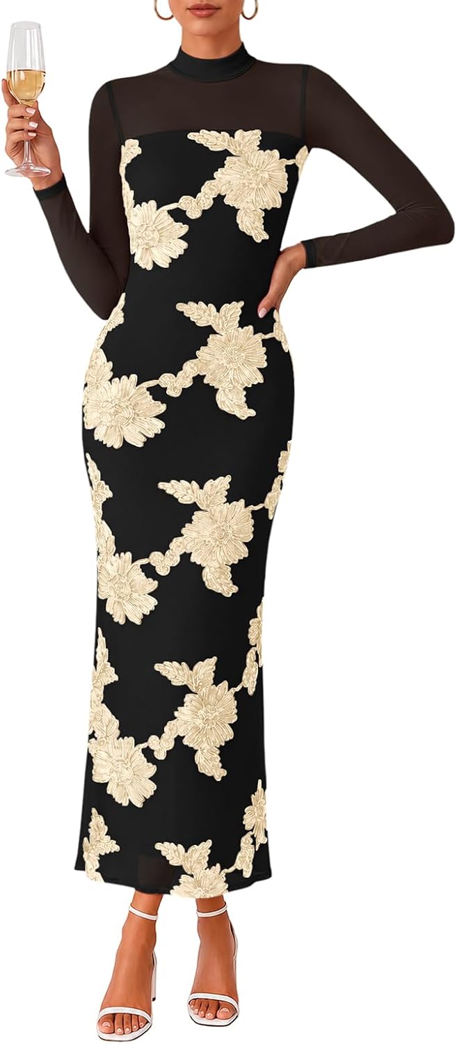 Lazysmile Women's Cocktail Long Sleeve Maxi Fall Wedding Guest Dress | Floral Mesh, Mock Neck Long Sleeve, Bodycon Maxi Dress, Semi Formal Dinner Dress, Wedding Guest Cocktail Party Dresses