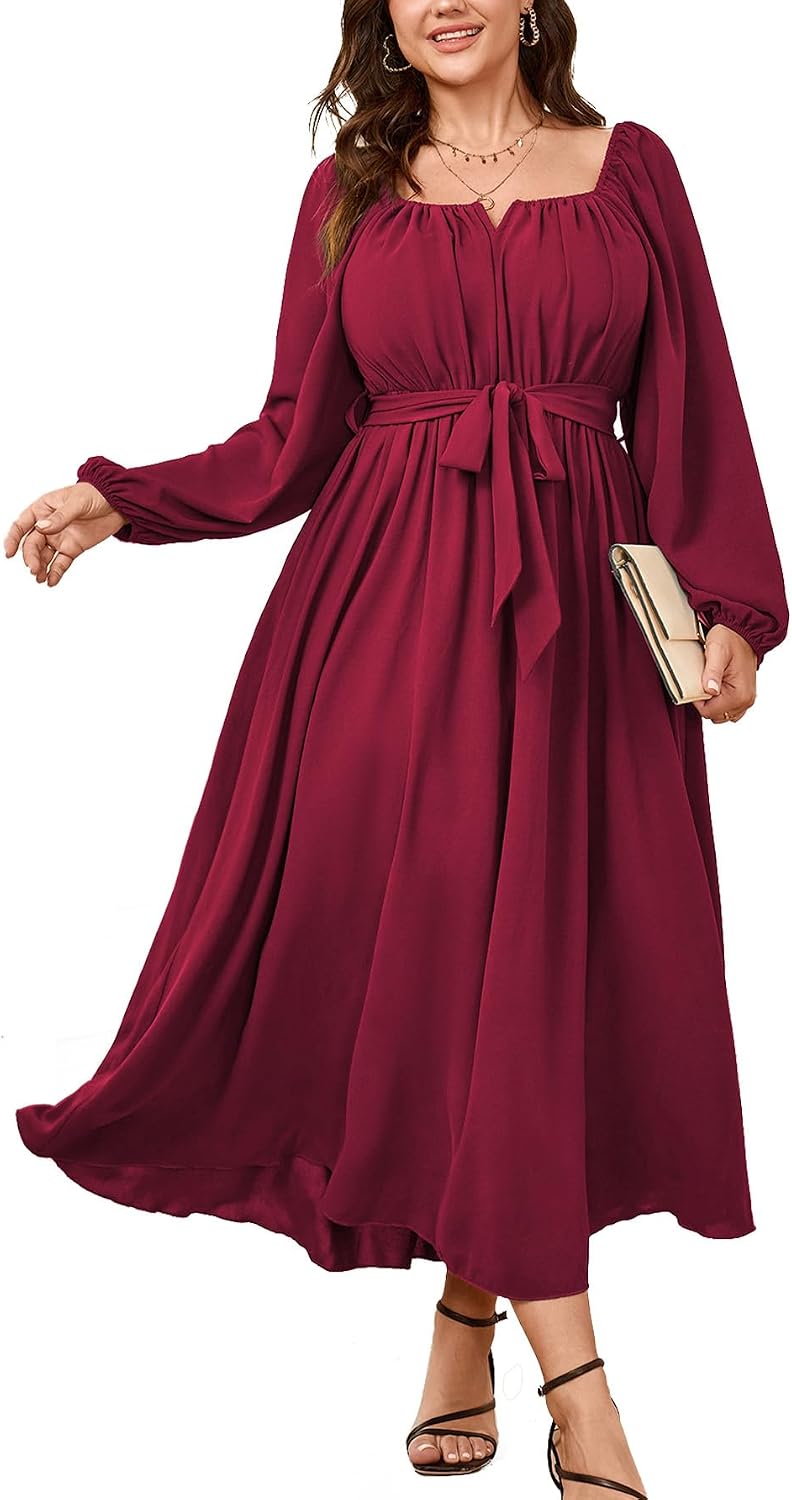 SCOMCHIC Women Plus Size Maxi Dress Long Sleeve Square Neck Flowy Dresses | Wedding Guest Cocktail Dress Elegant A Line Long Dresses Formal Evening Party Belted Fall Dress