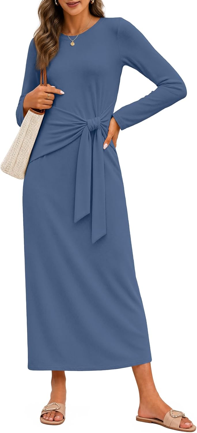 MEROKEETY Women's Fall Long Sleeve Casual T Shirt Work Maxi Dress | Tie Waist, Wrap, Crew Neck, Business Casual, Slim Fit, Long Dress, High Stretch, Fleece-Lined, 2026 Winter, Dressy Trendy