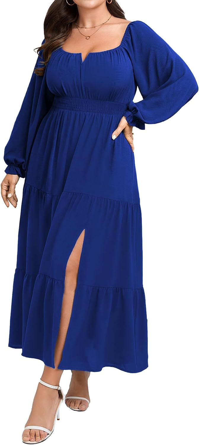 SCOMCHIC Womens Plus Size Formal Dress Fall Long Sleeve Square Neck Flowy A Line Tiered Side Split Wedding Guest Maxi Dress