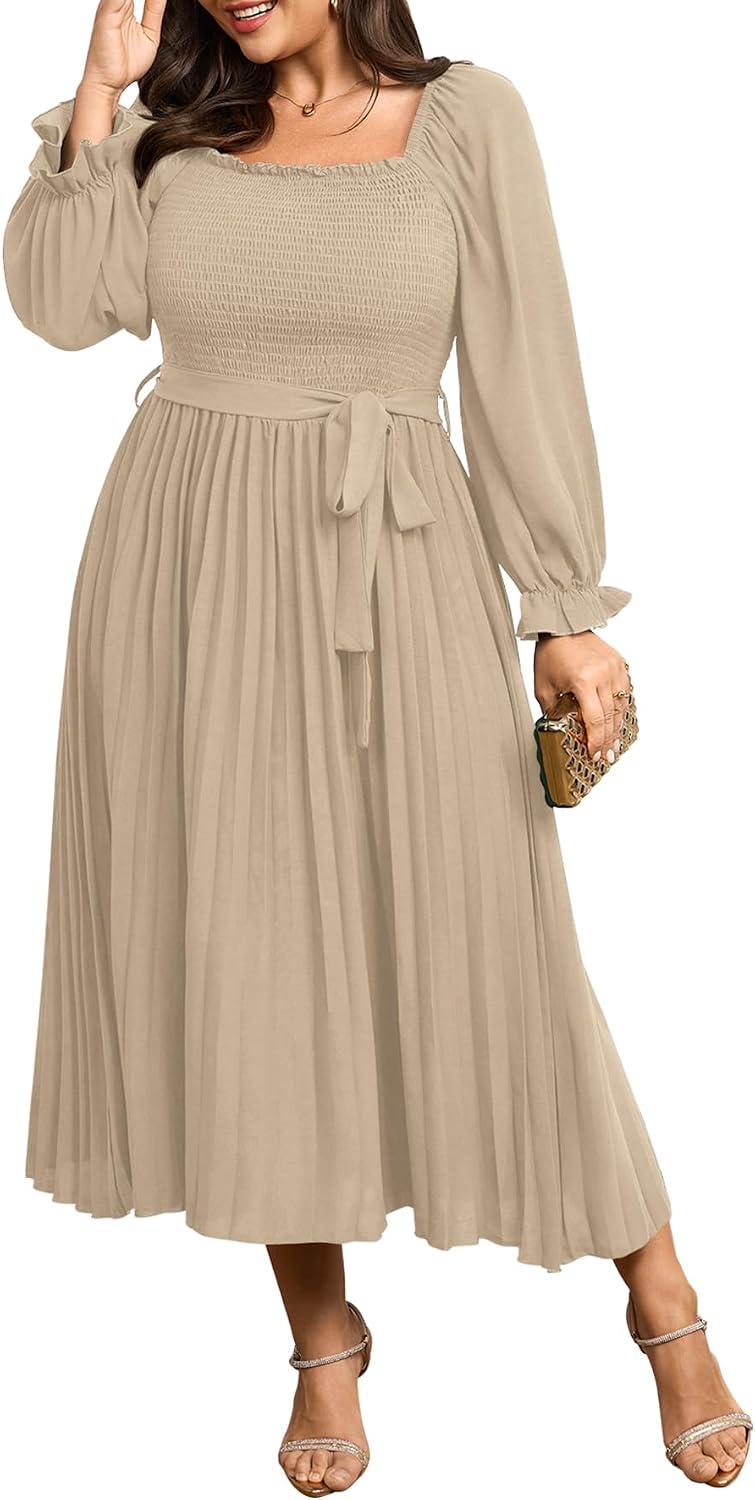 SHESTARR Women's Plus Size Maxi Dress Pleated Semi Formal Dress | Long Sleeve, Smocked Square Neck, Ruffle Pleated, Flowy, Wedding Guest, Cocktail, Semi Formal, Fall Dress