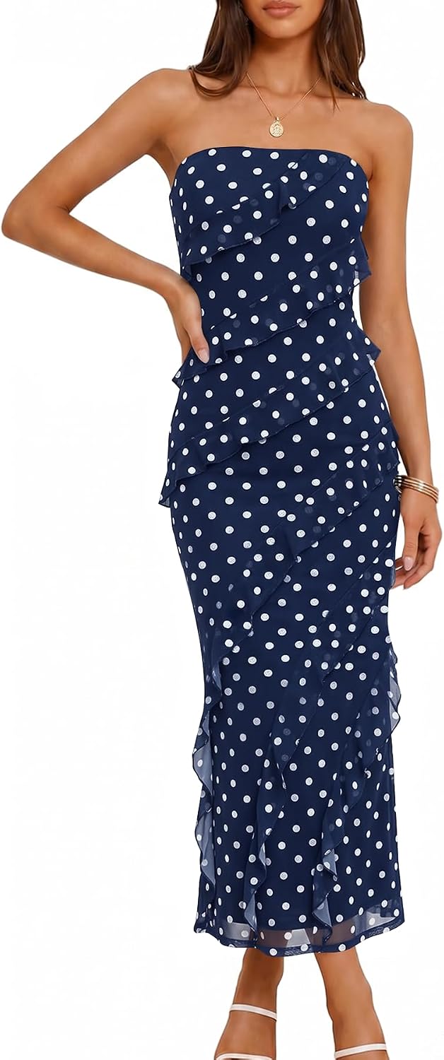 Muchpow Womens Strapless Polka Dot Ruffle Mesh Maxi Wedding Guest Dress | Lined Off Shoulder Back Slit Bodycon Dress, Stretchy Cocktail Party Rehearsal Dinner Going Out Vacation Long Dresses