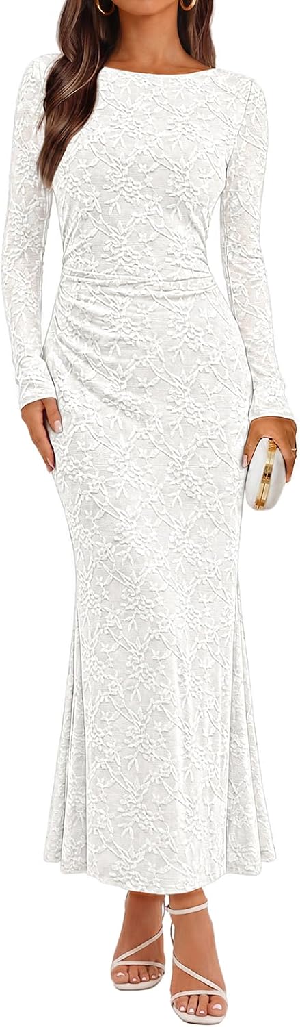 MEROKEETY Women's Fall Wedding Guest Formal Floral Maxi Dresses | Long Sleeve, Bodycon, 2026 Winter, Cocktail Party, Boat Neck, Lace Jacquard Knit, Mermaid Hem, Sheer Sleeves, Long Dress