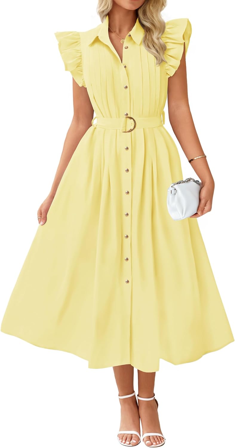 ZESICA Womens Summer Button Midi Dress Casual Work Dresses | Belted Dress,Button Down,Flutter Short Sleeve Dress with Pockets,Travel Vacation Dress,Business Casual Dress,Fashion Clothes