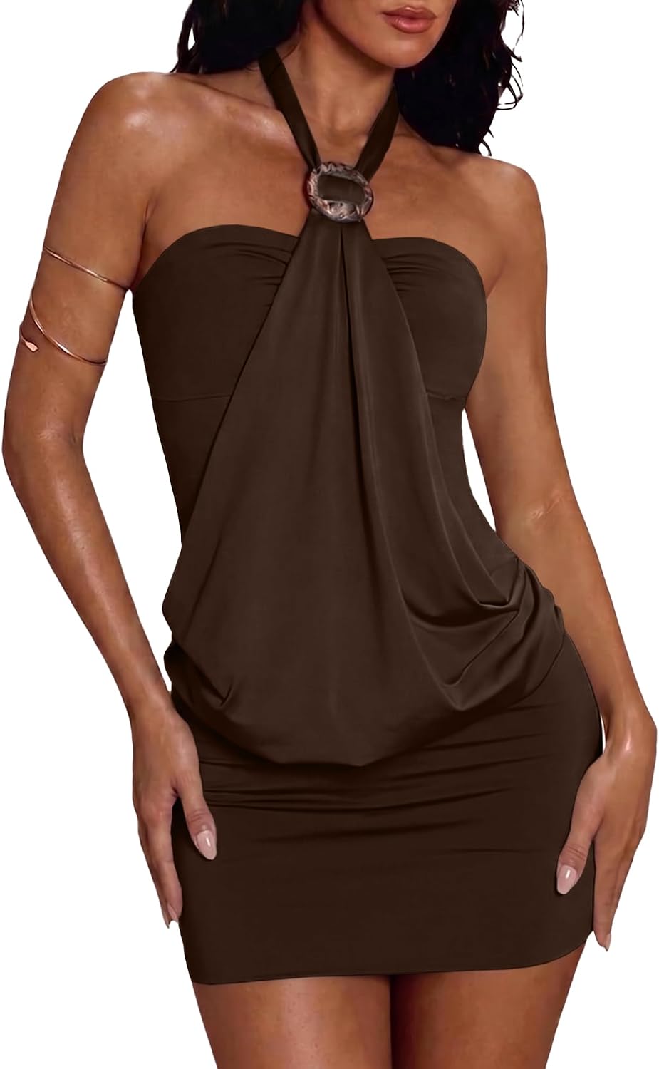 Women's Halter Mini Dress Y2K Ruffle Backless Sleeveless Bodycon Going Out Dress Western Club Party Button Sexy Dresses