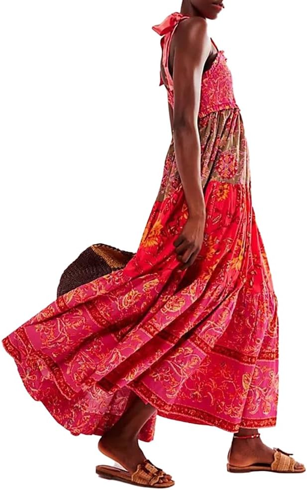 ABYOVRT Women Floral Maxi Dress Tie Shoulder Patchwork Smocked Flowy Boho Dress with Pockets Summer Vacation Sundress