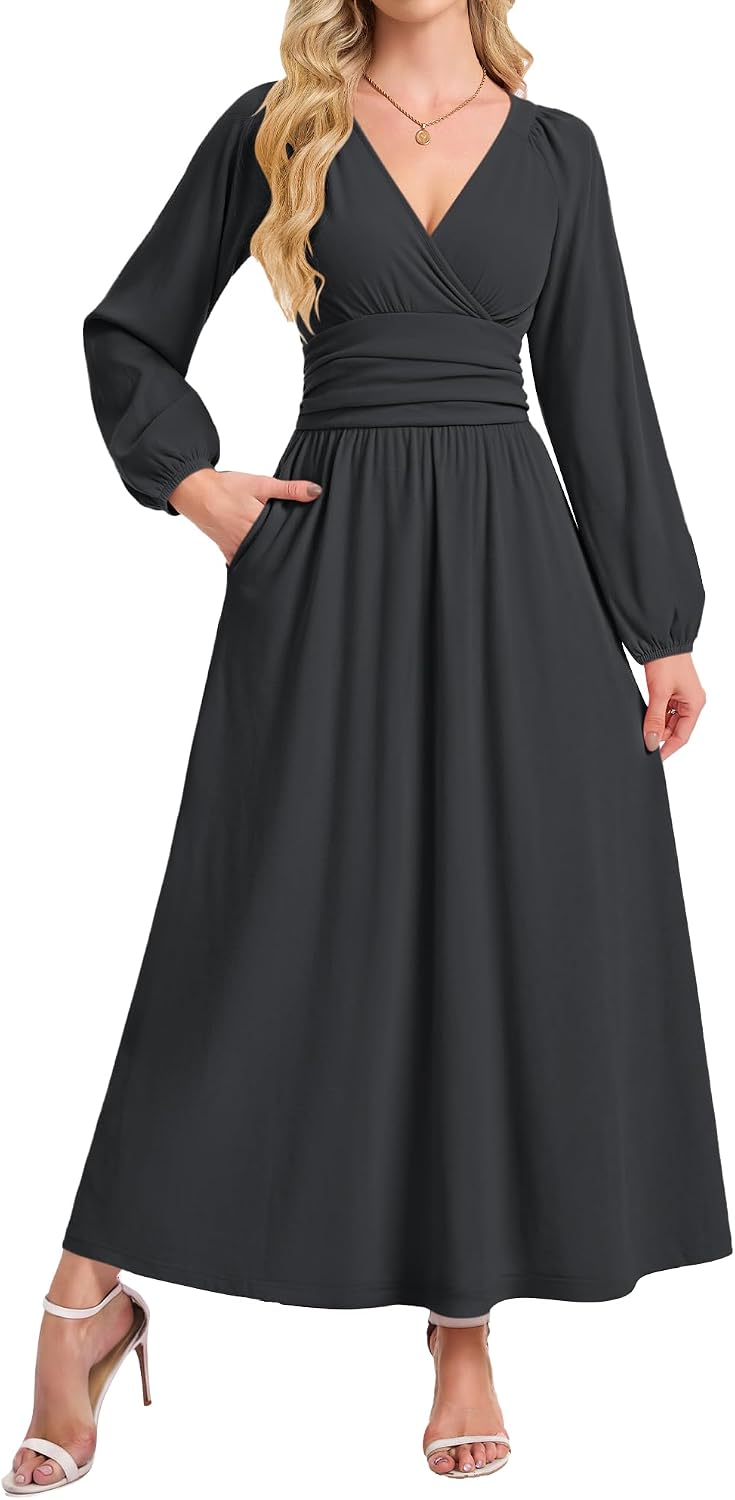 AUSELILY Womens Long Sleeve Maxi Dresses Fall Winter Wrap Formal Dress | Thick Heavy Smocked Empire Waist V-Neck Wrap Wedding Guest Christmas Cocktail Church Funeral Vacation dress with Pockets