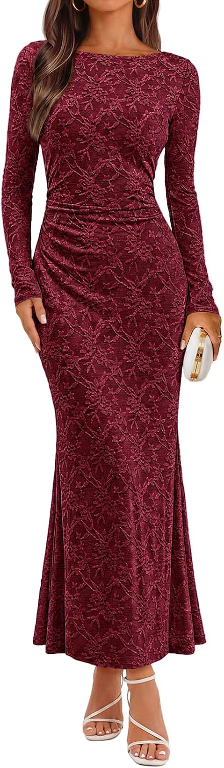MEROKEETY Women's Fall Wedding Guest Formal Floral Maxi Dresses | Long Sleeve, Bodycon, 2026 Winter, Cocktail Party, Boat Neck, Lace Jacquard Knit, Mermaid Hem, Sheer Sleeves, Long Dress