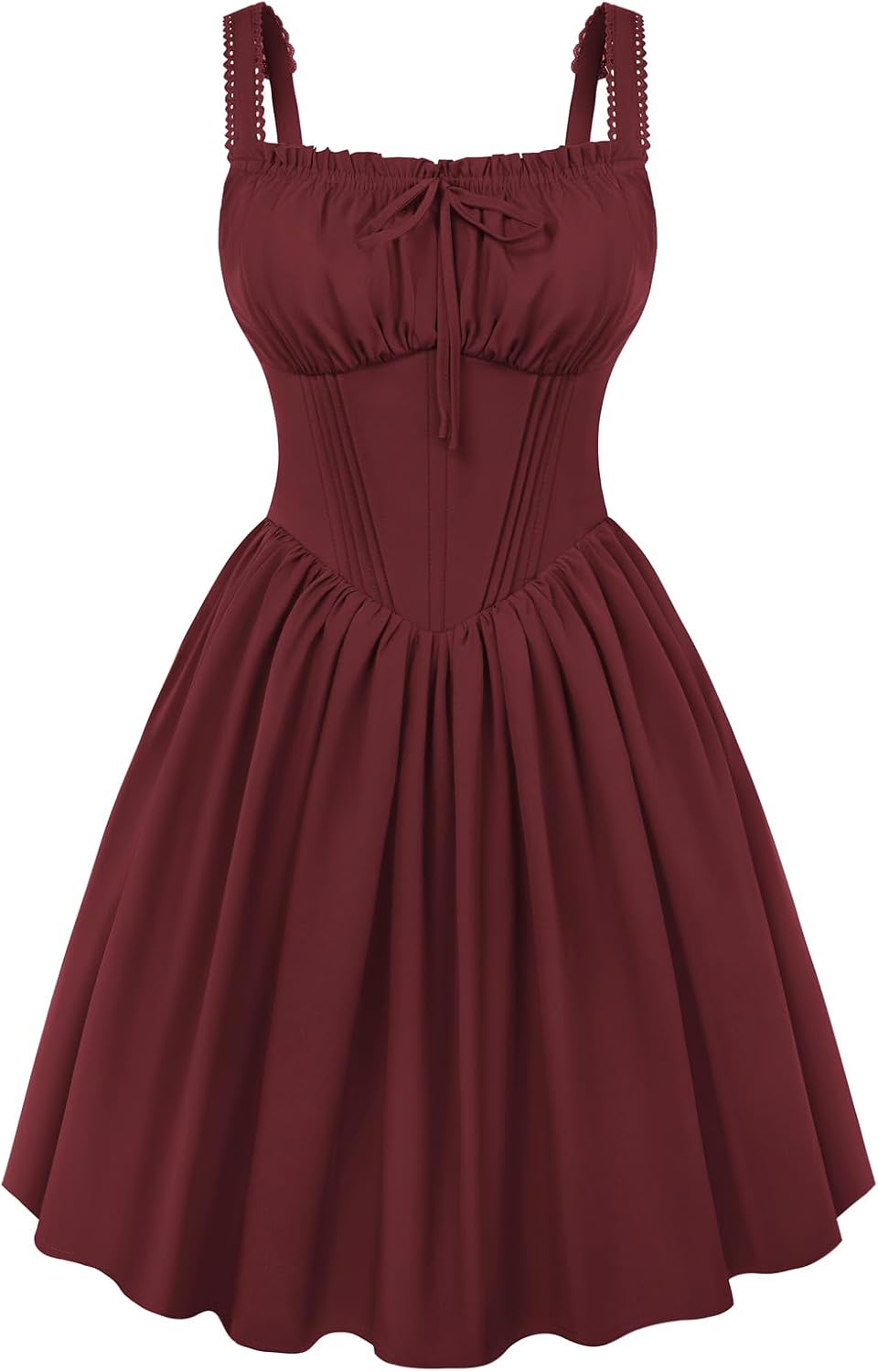 Scarlet Darkness Corset Mini Dress Adjustable Straps Sundress with Pockets | Adjustable Strap, Fixed Front Bow, Boned Corset Waist, Lacing Smocked Back, Zip, Pocket. For Daily, Club & Halloween Cosplay