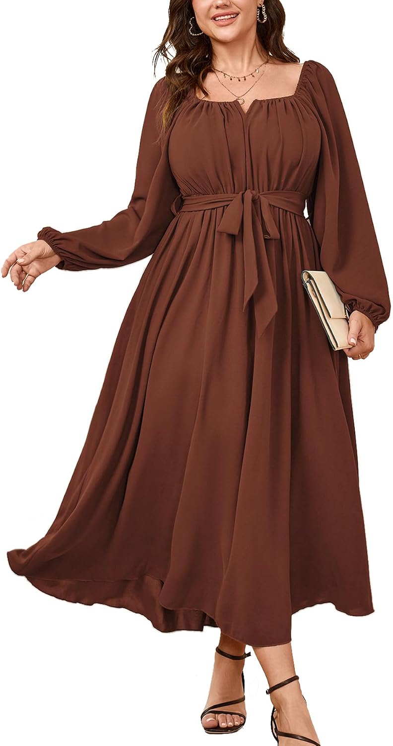 SCOMCHIC Women Plus Size Maxi Dress Long Sleeve Square Neck Flowy Dresses | Wedding Guest Cocktail Dress Elegant A Line Long Dresses Formal Evening Party Belted Fall Dress
