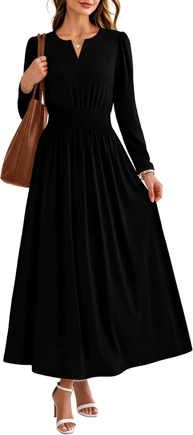 OFEEFAN 2026 Womens Fall Boho Floral Long Sleeve Maxi Dresses with Pockets | Smocked Waist, Notch V Neck, Flowy, A Line, Elegant, Comfy Soft, Casual Daily Work Wedding Guest Church Beach, Fall Outfits