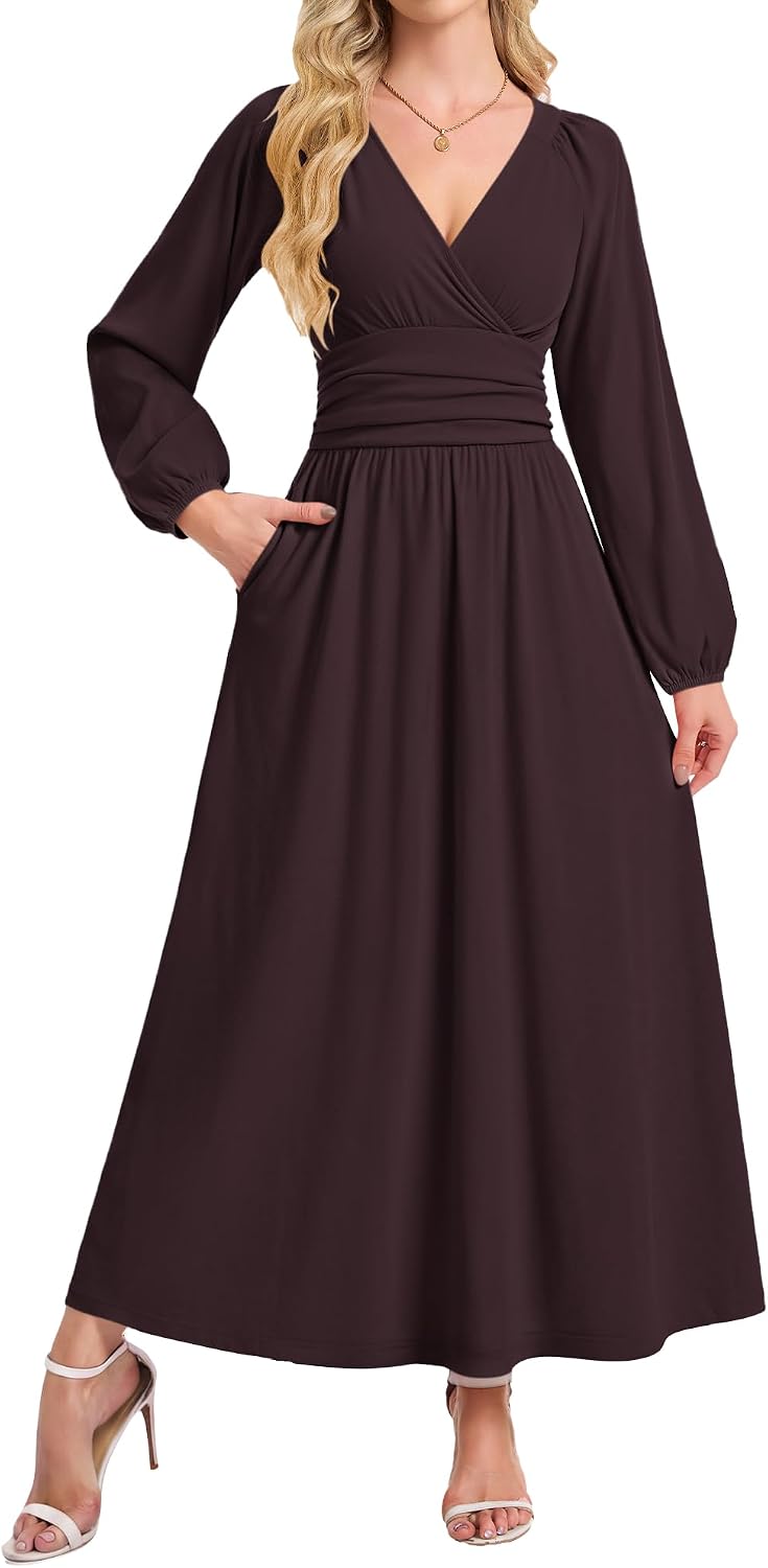 AUSELILY Womens Long Sleeve Maxi Dresses Fall Winter Wrap Formal Dress | Thick Heavy Smocked Empire Waist V-Neck Wrap Wedding Guest Christmas Cocktail Church Funeral Vacation dress with Pockets
