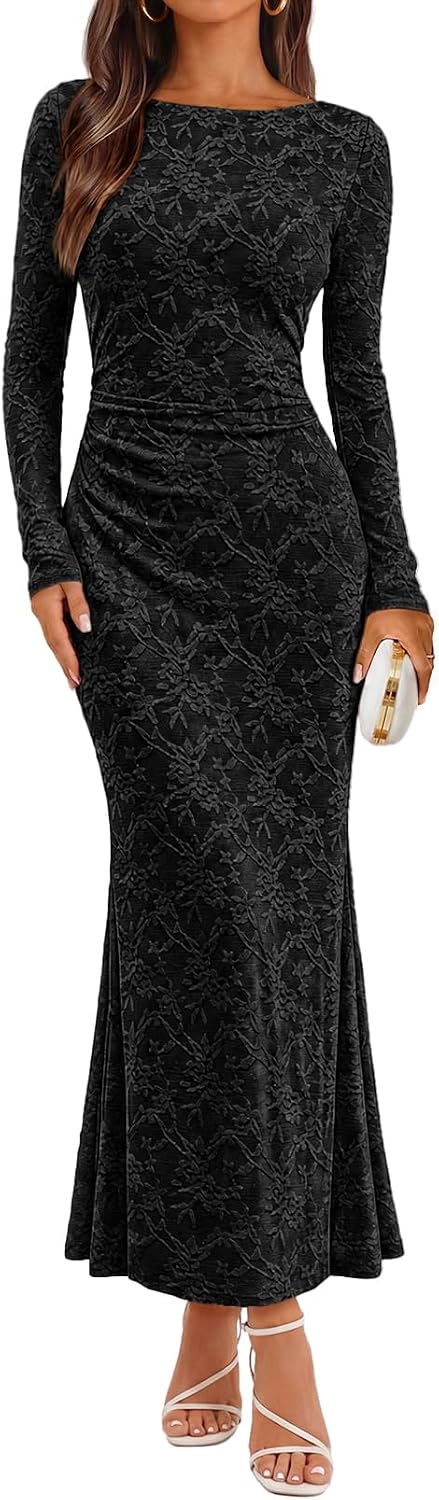 MEROKEETY Women's Fall Wedding Guest Formal Floral Maxi Dresses | Long Sleeve, Bodycon, 2026 Winter, Cocktail Party, Boat Neck, Lace Jacquard Knit, Mermaid Hem, Sheer Sleeves, Long Dress