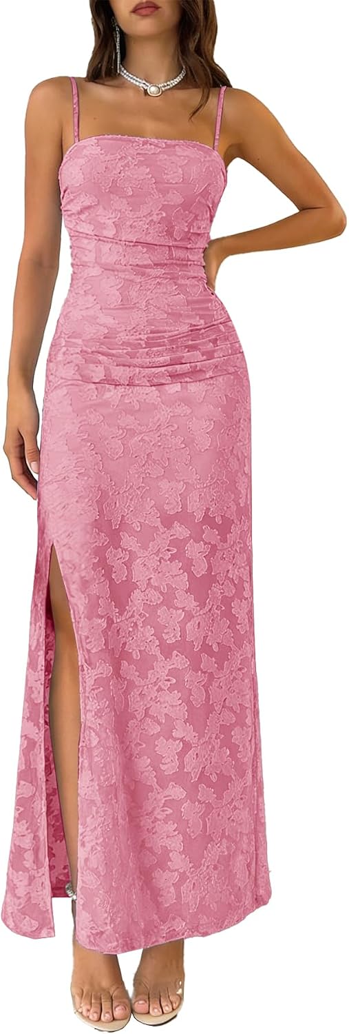MITILLY Summer Formal Wedding Guest Dress Bridal Shower Evening Party Gown | Adjustable Spaghtti Straps, Bodycon Ruched, Lined, Square Neck, Maxi Dress with Slit, for Wedding, Cocktail, Prom