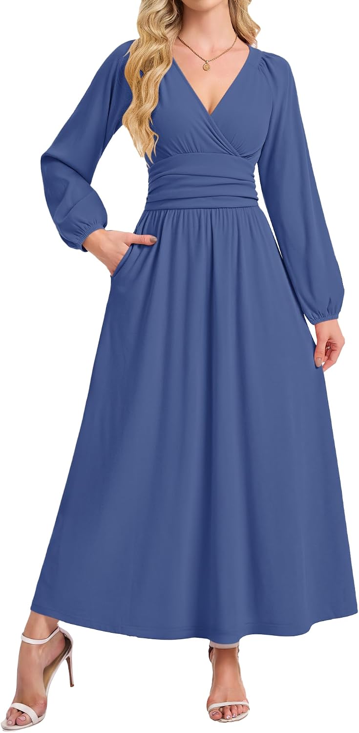 AUSELILY Womens Long Sleeve Maxi Dresses Fall Winter Wrap Formal Dress | Thick Heavy Smocked Empire Waist V-Neck Wrap Wedding Guest Christmas Cocktail Church Funeral Vacation dress with Pockets