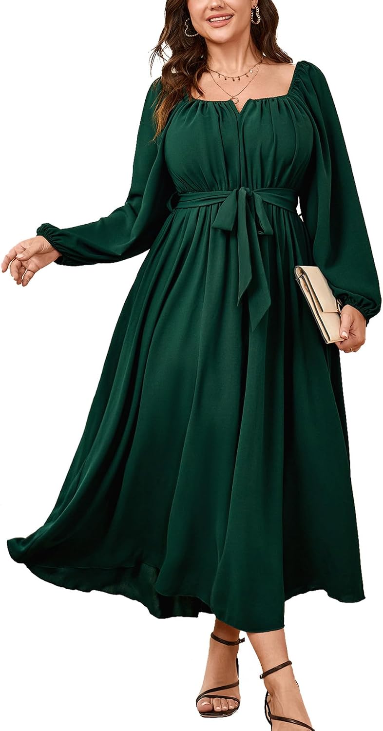 SCOMCHIC Women Plus Size Maxi Dress Long Sleeve Square Neck Flowy Dresses | Wedding Guest Cocktail Dress Elegant A Line Long Dresses Formal Evening Party Belted Fall Dress