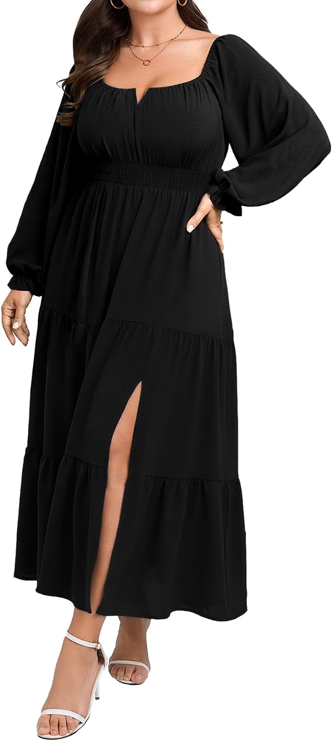 SCOMCHIC Womens Plus Size Formal Dress Fall Long Sleeve Square Neck Flowy A Line Tiered Side Split Wedding Guest Maxi Dress