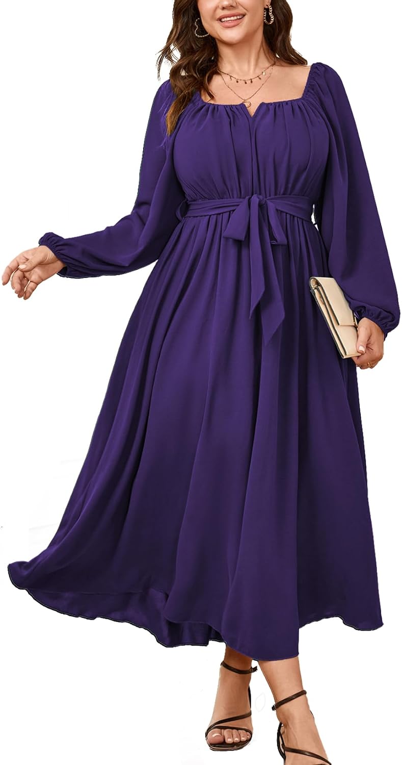 SCOMCHIC Women Plus Size Maxi Dress Long Sleeve Square Neck Flowy Dresses | Wedding Guest Cocktail Dress Elegant A Line Long Dresses Formal Evening Party Belted Fall Dress