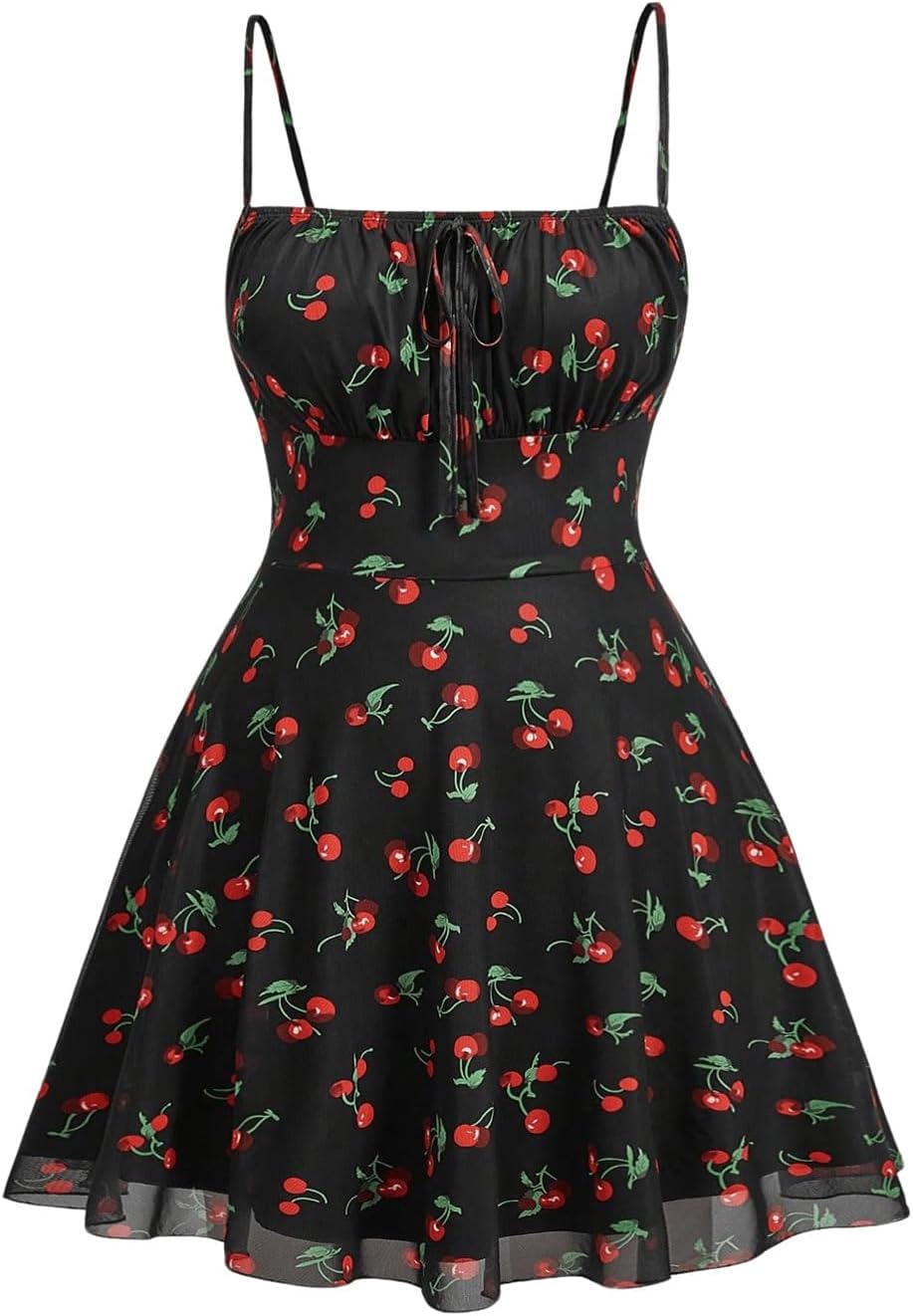 WDIRARA Women's Plus Size Floral Print Mesh Cami Dress | Tie Front, Ruffle Hem, A Line