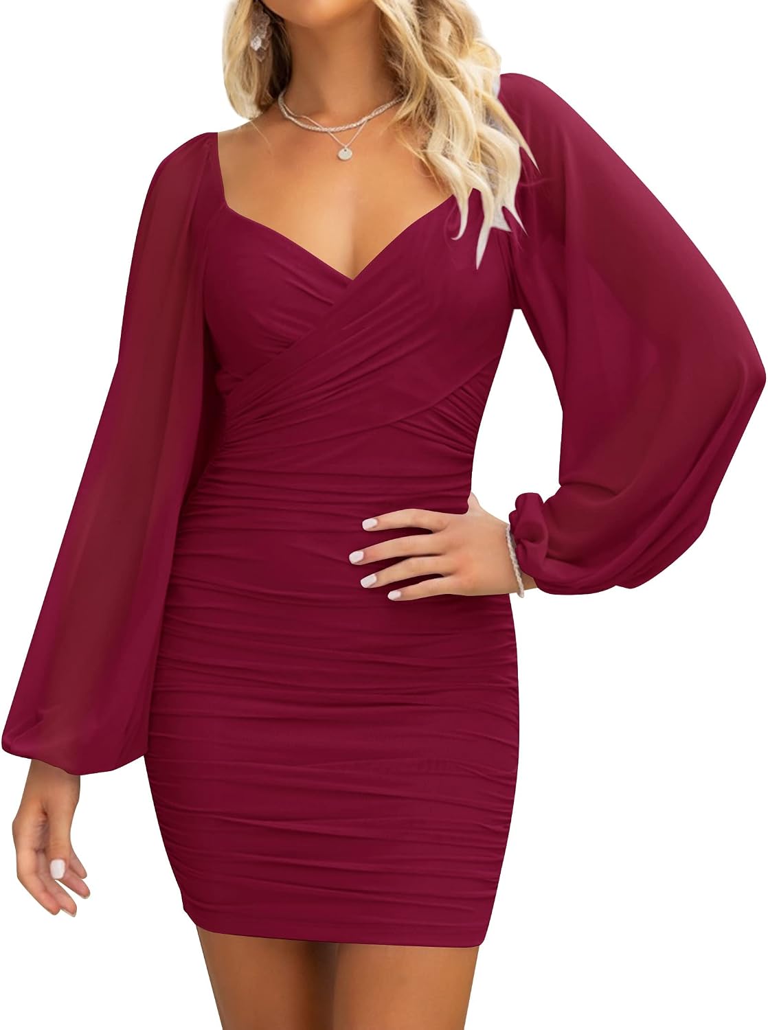 ZESICA Womens Fall Long Sleeve Cocktail Party Mini Dresses | 2026 Sexy Dress, V Neck Short Dress, Bodycon Ruched Dress, Puff Sleeve, Slim Fitted, Trendy Wedding Dress, homecoming dresses