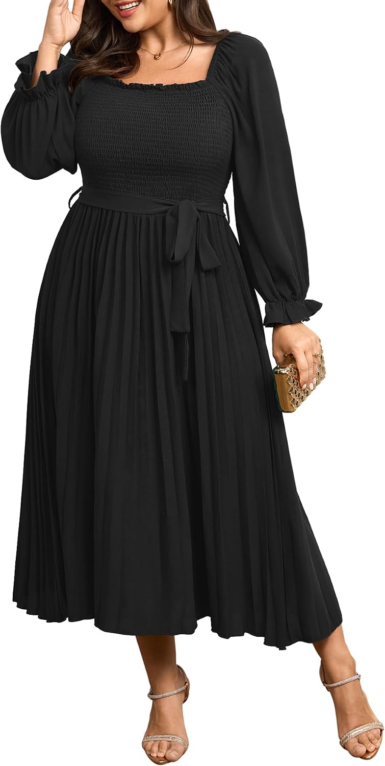 SHESTARR Women's Plus Size Maxi Dress Pleated Semi Formal Dress | Long Sleeve, Smocked Square Neck, Ruffle Pleated, Flowy, Wedding Guest, Cocktail, Semi Formal, Fall Dress