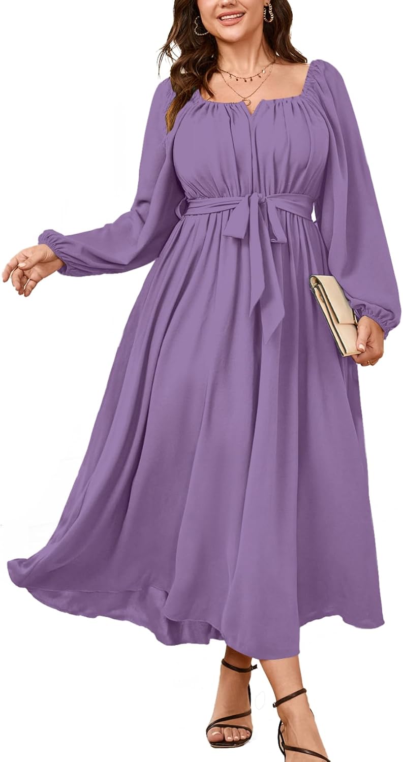 SCOMCHIC Women Plus Size Maxi Dress Long Sleeve Square Neck Flowy Dresses | Wedding Guest Cocktail Dress Elegant A Line Long Dresses Formal Evening Party Belted Fall Dress