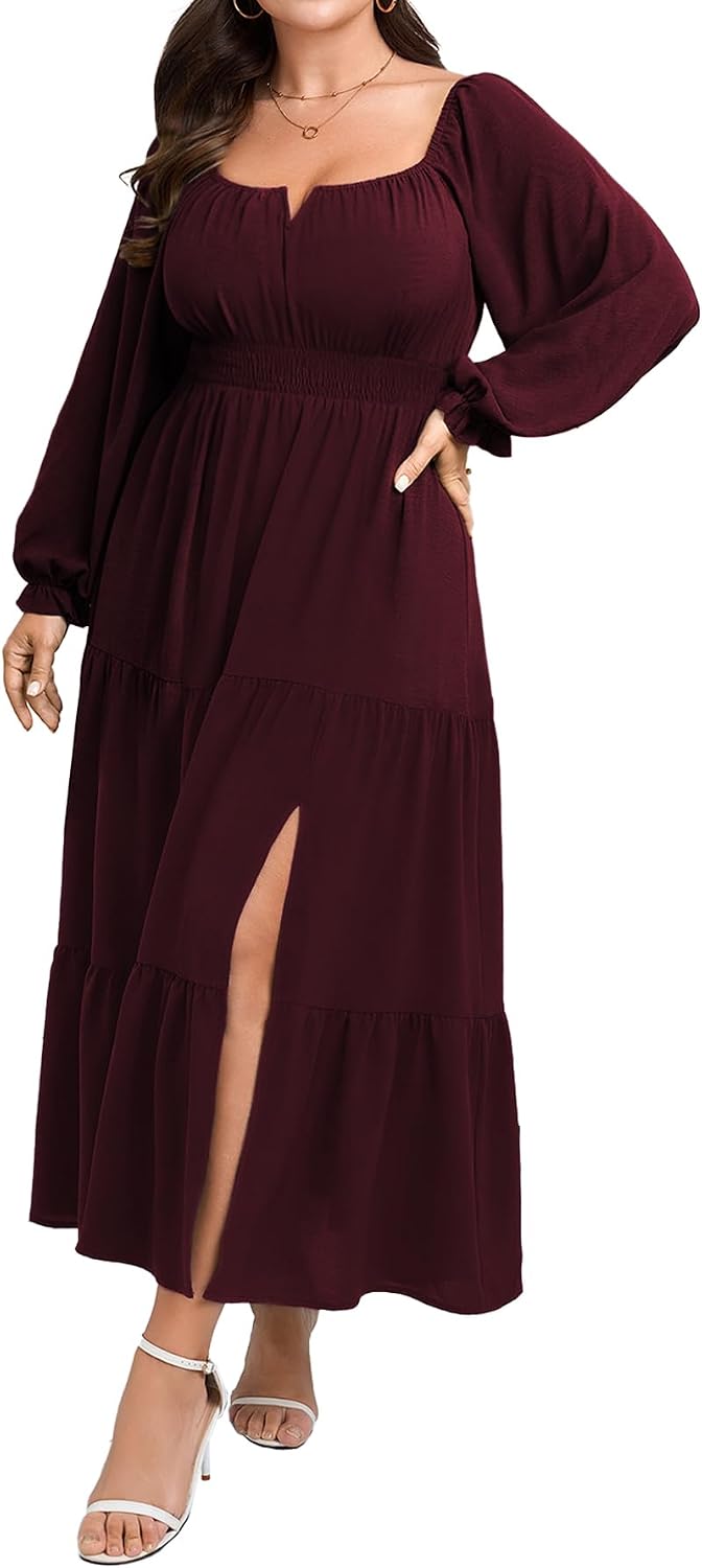 SCOMCHIC Womens Plus Size Formal Dress Fall Long Sleeve Square Neck Flowy A Line Tiered Side Split Wedding Guest Maxi Dress