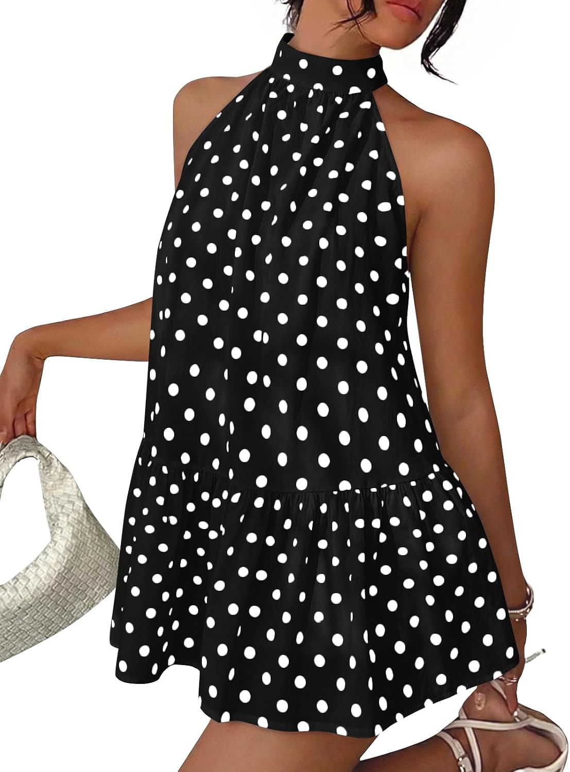 LILLUSORY Women Halter Polka Dot Babydoll Summer Mini Dresses | Date Night Outfit, A Line Flowy Cute Dress, Sleeveless Dress For Layering In Fall, Beach Vacation Party Resort Sundress