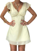 SOLY HUX Women's Cute Lace Trim Flowy V Neck Summer Mini Dress | Wedding Guest, Brunch Dress, Beach Vacation, Mesh Sheer, Babydoll, Sundress, Cream Mini Dresss