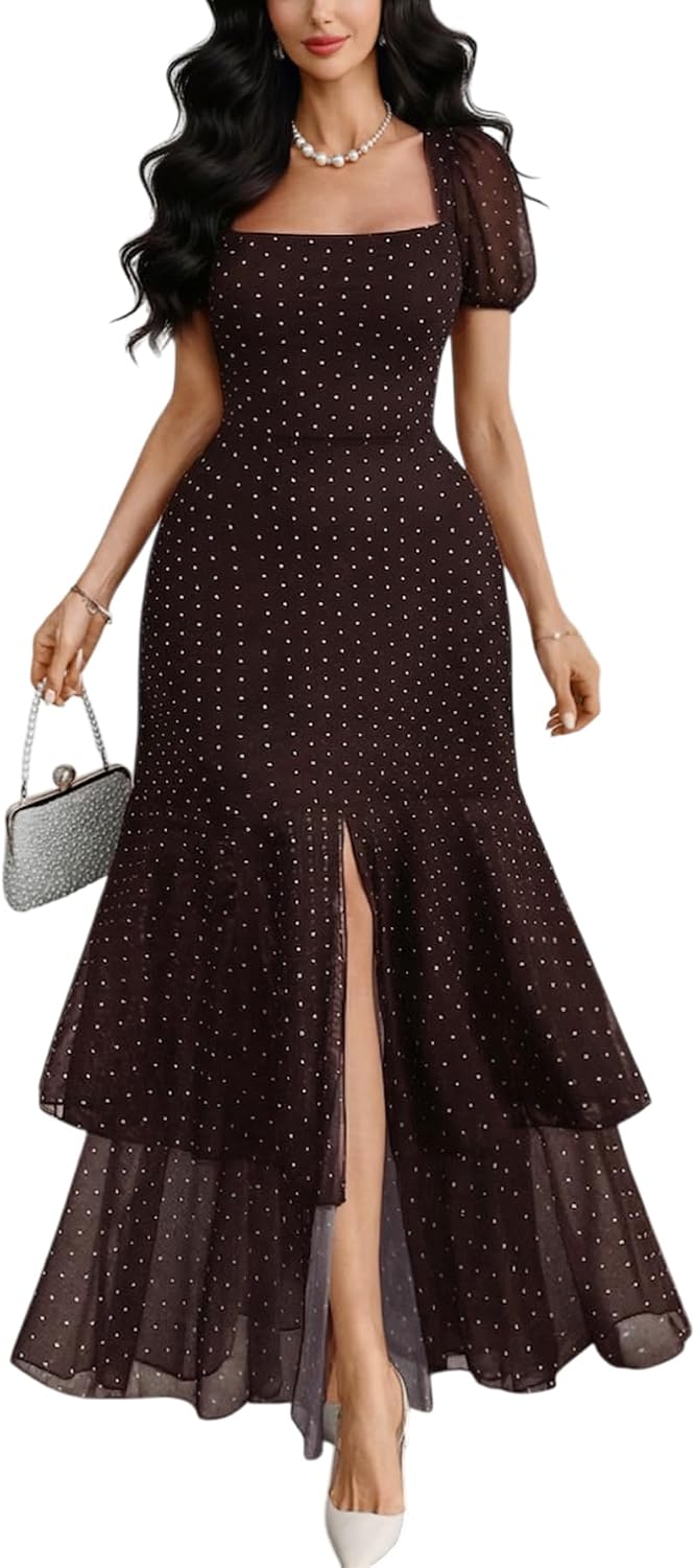 GothDark Polka Dot Dress for Women 2026 Square Neck High Slit Casual Dress | Stretch Fabric, Polka Dot, Square Neck, Short Puff Sleeve, High Slit, Ruffled Hem, Party, Wedding Guest, Casual Dress