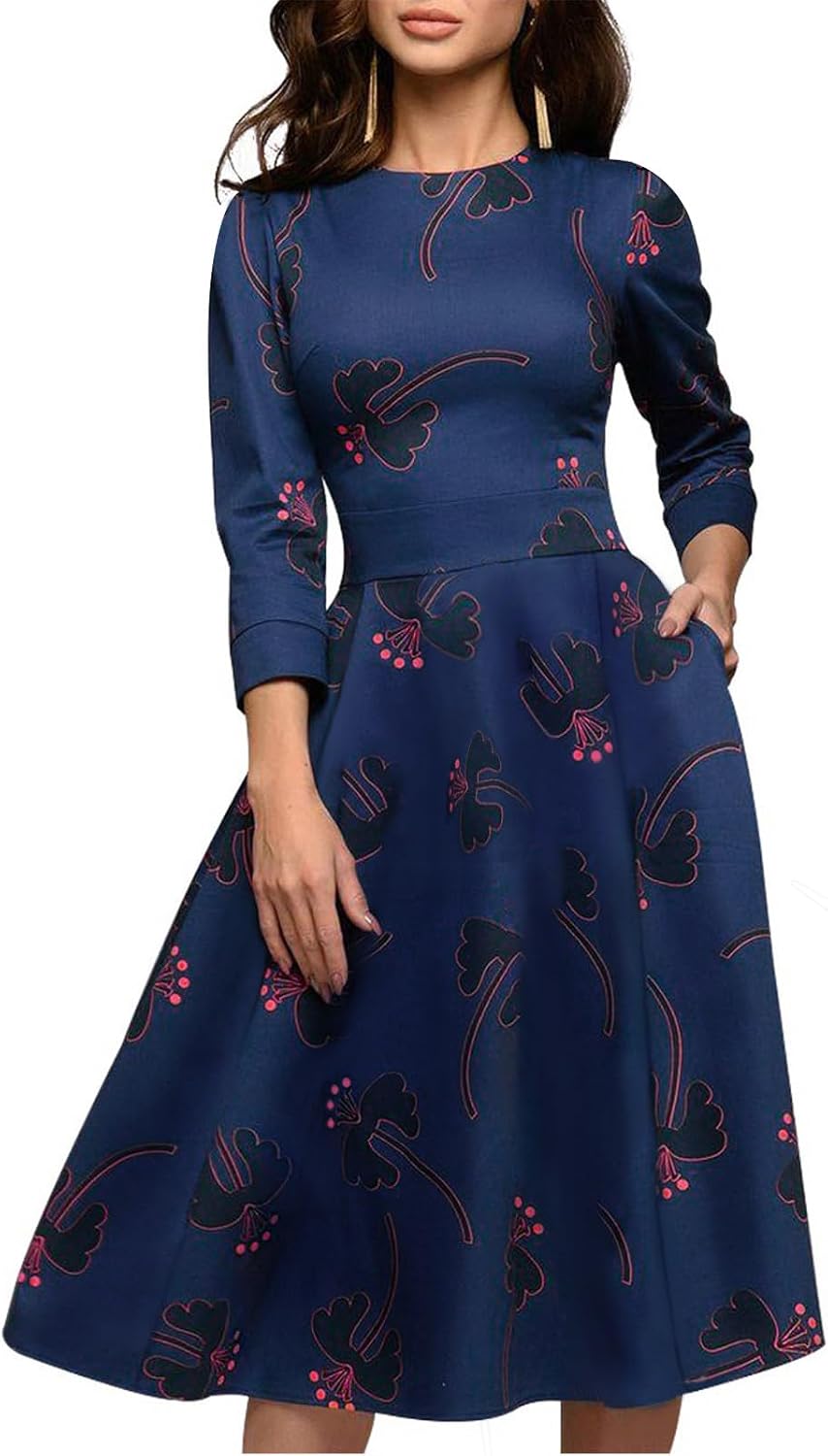 Simple Flavor Womens Floral Vintage Midi Dress 3\/4 Sleeve | with pockets, Fit and flare aline, Knee-length, Church, Semi-formal, Wedding guest, Retro tea party & derby outfits