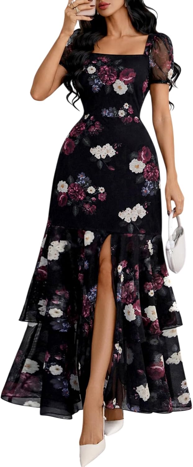 GothDark Polka Dot Dress for Women 2026 Square Neck High Slit Casual Dress | Stretch Fabric, Polka Dot, Square Neck, Short Puff Sleeve, High Slit, Ruffled Hem, Party, Wedding Guest, Casual Dress