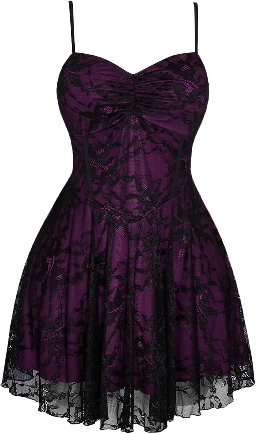 BEAUDRM Women's Plus Size Lace Gothic Dress Goth Grunge Mini Dress Ruffle Short Sundresses
