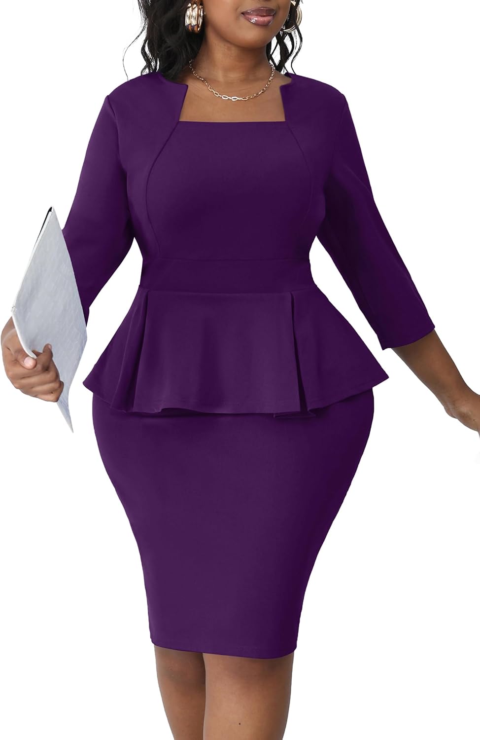 Runwind Plus Size Dresses Curvy Women Church Work Peplum Midi Pencil Dress | Ruffle waist to hide tummy, elegant business bodycon style, back zipper and 3\/4 sleeve, unique square neck spliced crewneck