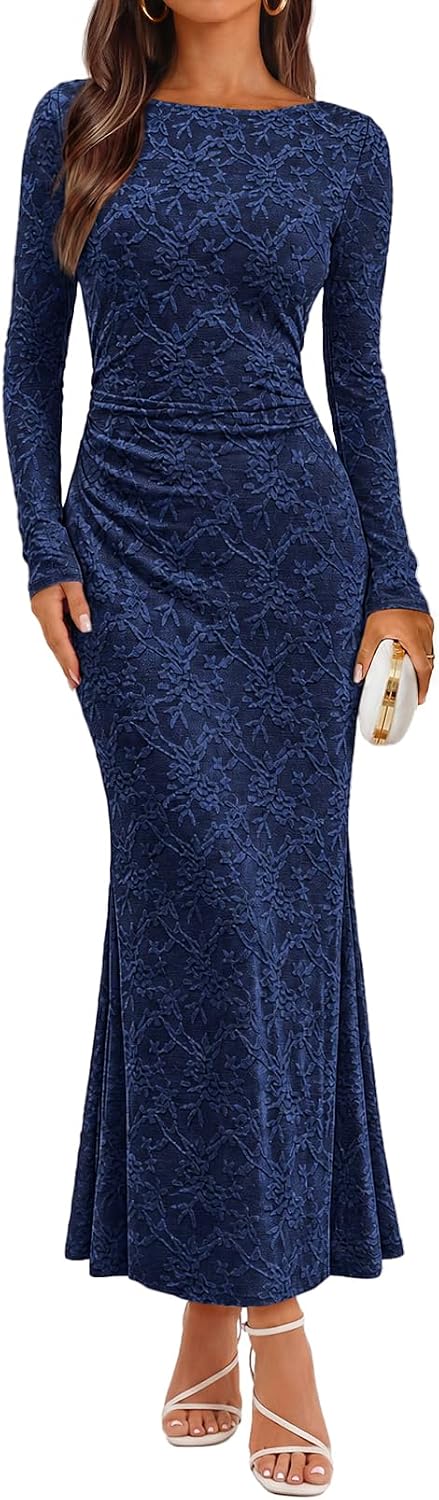 MEROKEETY Women's Fall Wedding Guest Formal Floral Maxi Dresses | Long Sleeve, Bodycon, 2026 Winter, Cocktail Party, Boat Neck, Lace Jacquard Knit, Mermaid Hem, Sheer Sleeves, Long Dress