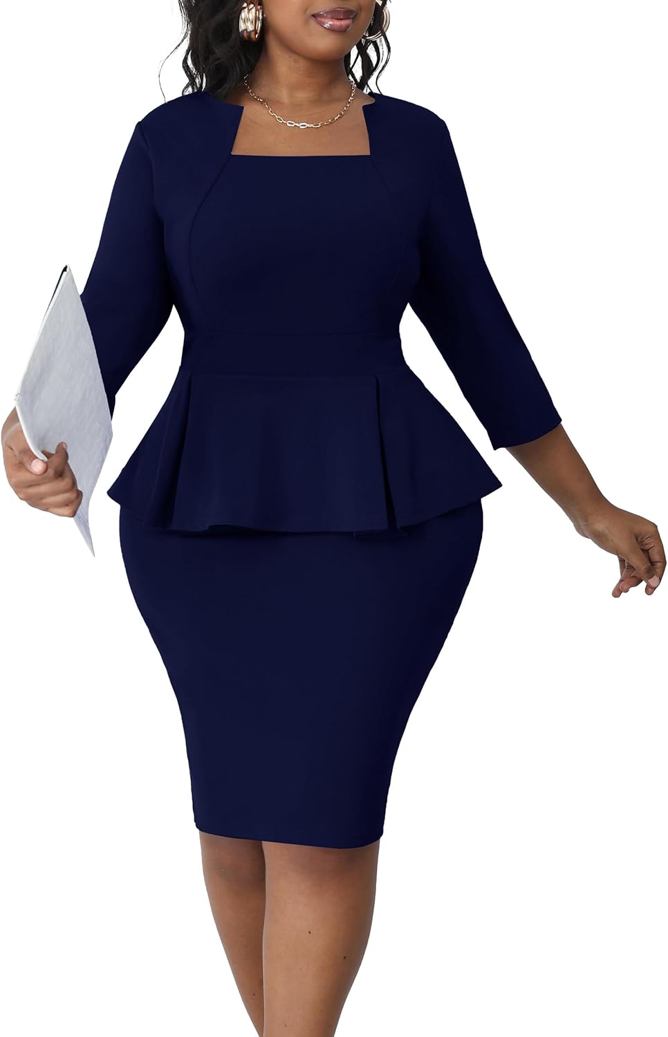 Runwind Plus Size Dresses Curvy Women Church Work Peplum Midi Pencil Dress | Ruffle waist to hide tummy, elegant business bodycon style, back zipper and 3\/4 sleeve, unique square neck spliced crewneck