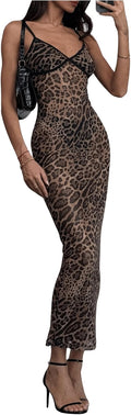 BEAUDRM Women's Sexy Cheetah Sheer Dress Y2K Mesh Leopard See Through Bodycon Maxi Dress Going Out Date Party Rave Clubwear