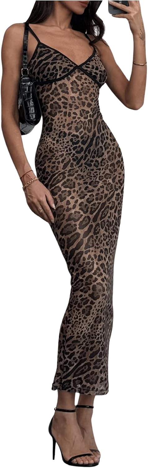 BEAUDRM Women's Sexy Cheetah Sheer Dress Y2K Mesh Leopard See Through Bodycon Maxi Dress Going Out Date Party Rave Clubwear