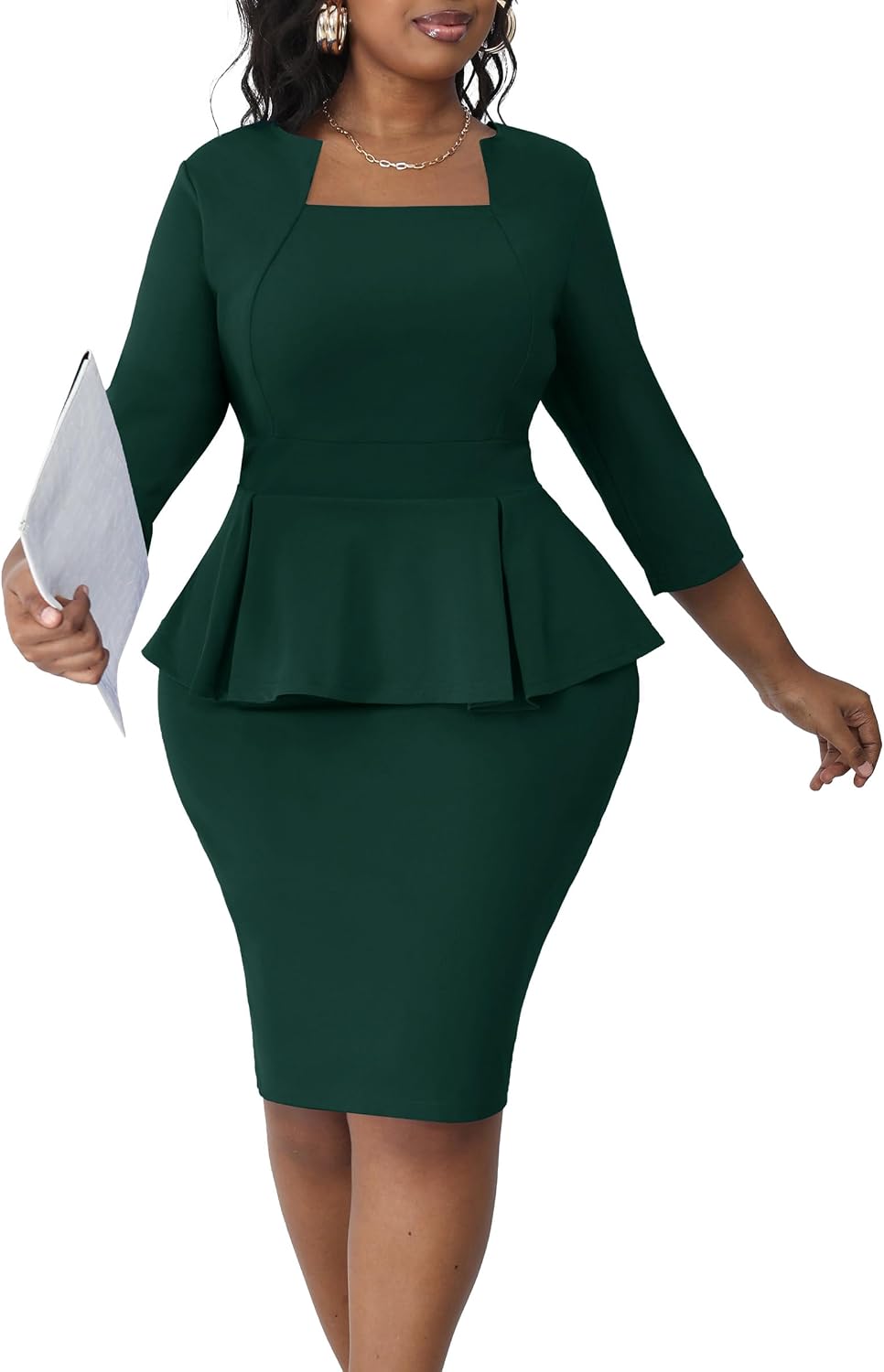 Runwind Plus Size Dresses Curvy Women Church Work Peplum Midi Pencil Dress | Ruffle waist to hide tummy, elegant business bodycon style, back zipper and 3\/4 sleeve, unique square neck spliced crewneck