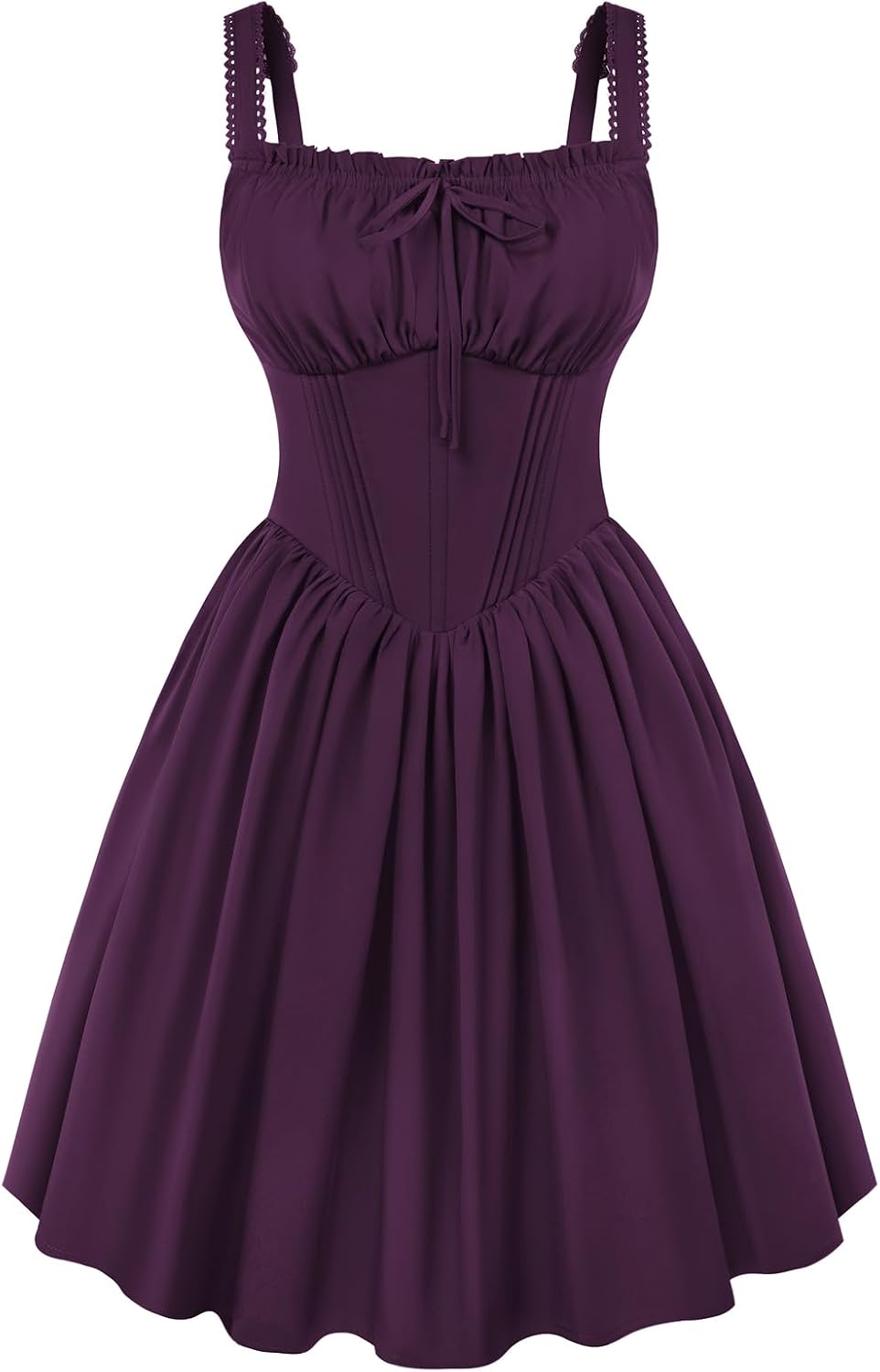 Scarlet Darkness Corset Mini Dress Adjustable Straps Sundress with Pockets | Adjustable Strap, Fixed Front Bow, Boned Corset Waist, Lacing Smocked Back, Zip, Pocket. For Daily, Club & Halloween Cosplay
