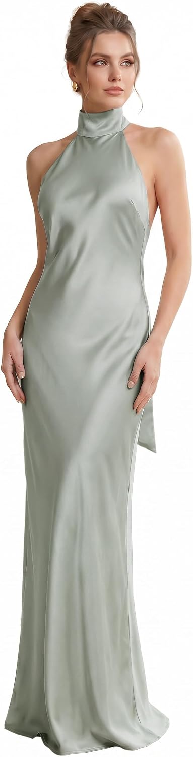 Froxima Women's Satin Halter Dress, High Neck Backless Maxi Formal Gown | Satin Wedding Guest Dress with Halter Neck for Formal Evenings, Cocktail Parties, Galas, Prom and Rehearsal Dinners
