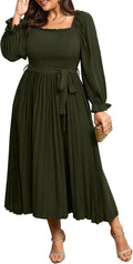 SHESTARR Women's Plus Size Maxi Dress Pleated Semi Formal Dress | Long Sleeve, Smocked Square Neck, Ruffle Pleated, Flowy, Wedding Guest, Cocktail, Semi Formal, Fall Dress